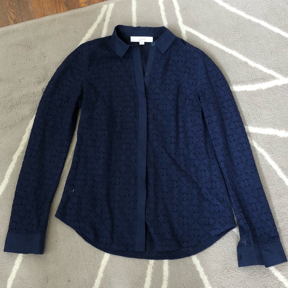 Navy Lace Button-down Shirt from LOFT